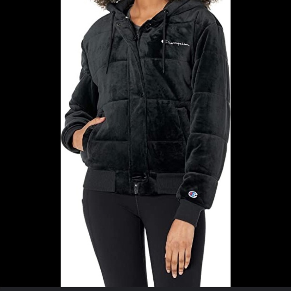 Champion Hooded Velour Puffer Jacket In Black Size Large